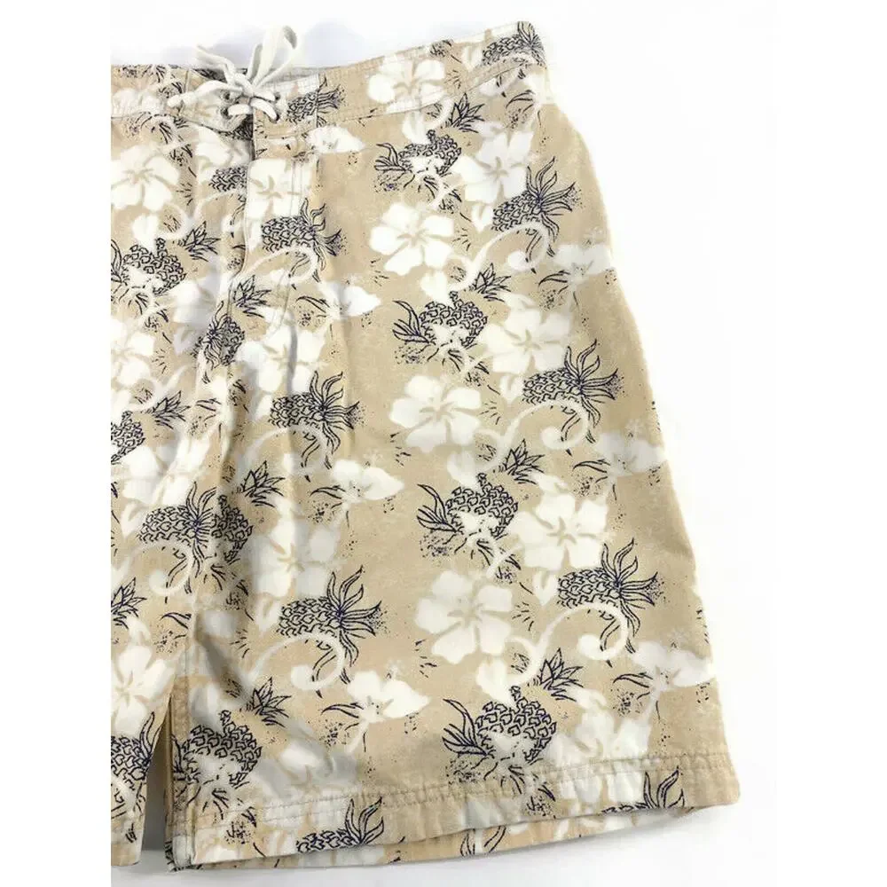 Utility Board Shorts Swim Trunks Men's Size 36 Cotton White and Tan Flowers